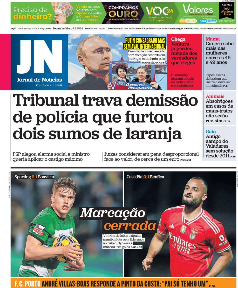 Jornal de Not&iacute;cias: Capa da Edi&ccedil;&atilde;o de segunda-feira, 18 de mar&ccedil;o 2024