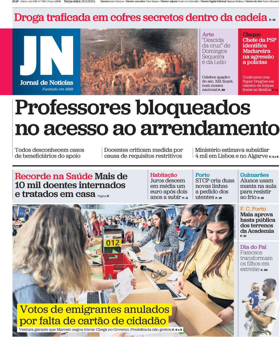 Jornal de Not&iacute;cias: Capa da Edi&ccedil;&atilde;o de ter&ccedil;a-feira, 19 de mar&ccedil;o 2024