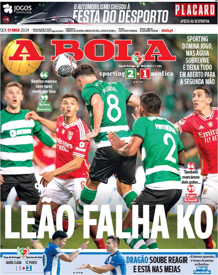 A Bola: Capa da Edi&ccedil;&atilde;o de sexta-feira, 01 de mar&ccedil;o 2024