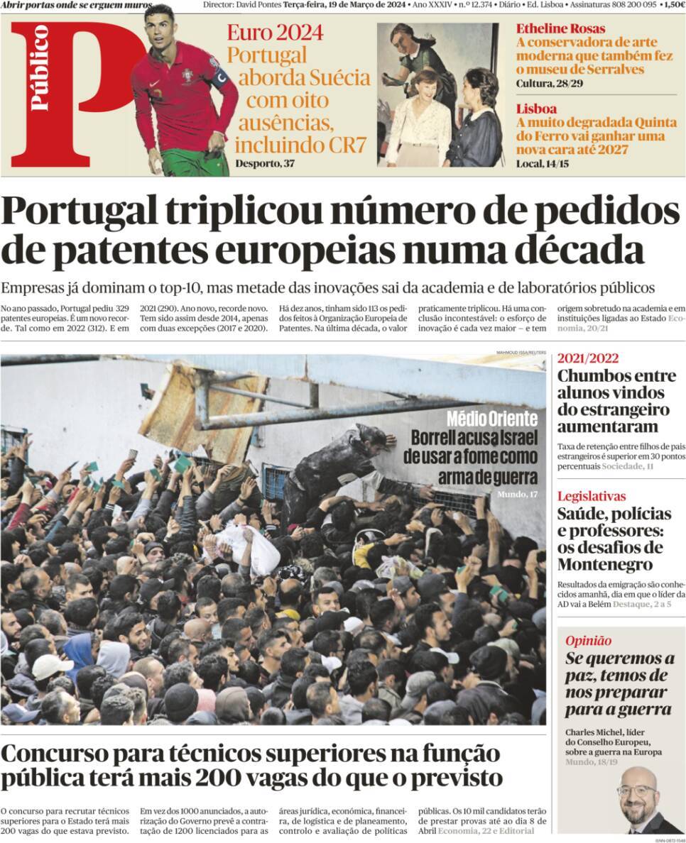 P&uacute;blico: Capa da Edi&ccedil;&atilde;o de ter&ccedil;a-feira, 19 de mar&ccedil;o 2024