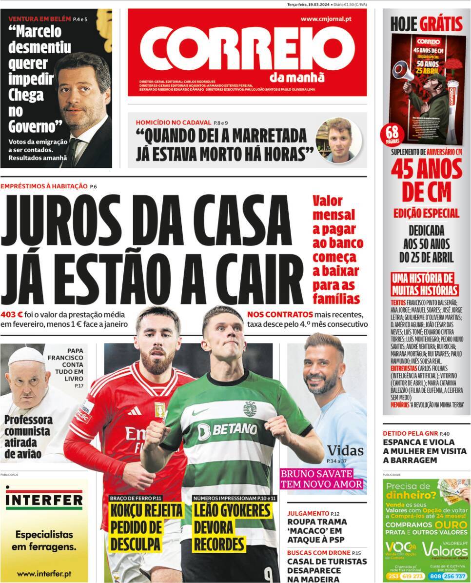 Correio da Manh&atilde;: Capa da Edi&ccedil;&atilde;o de ter&ccedil;a-feira, 19 de mar&ccedil;o 2024