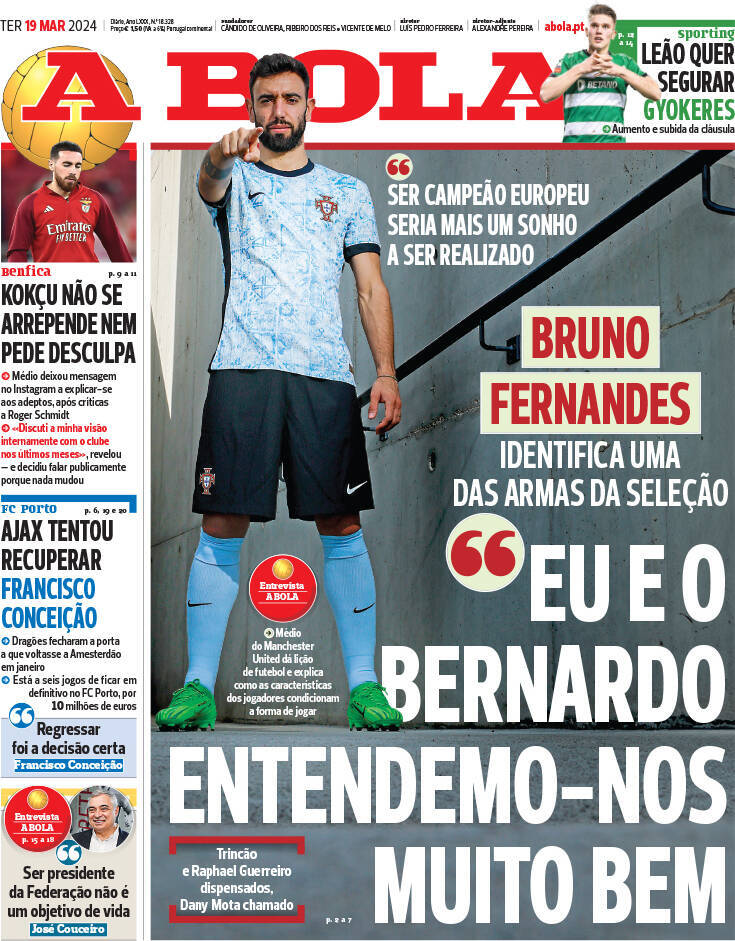 A Bola: Capa da Edi&ccedil;&atilde;o de ter&ccedil;a-feira, 19 de mar&ccedil;o 2024