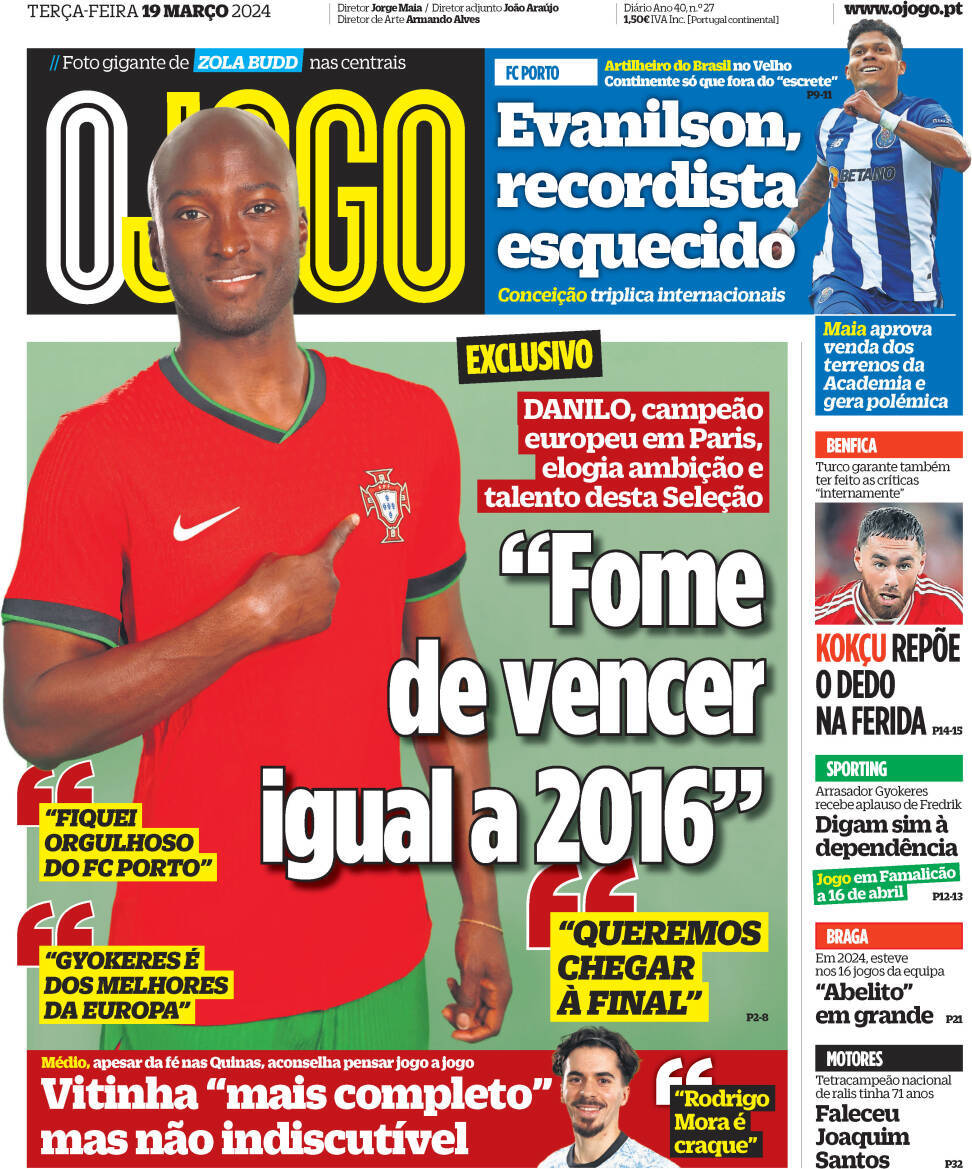 O Jogo: Capa da Edi&ccedil;&atilde;o de ter&ccedil;a-feira, 19 de mar&ccedil;o 2024