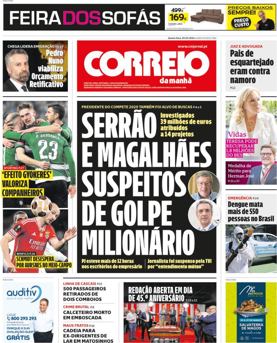 Correio da Manh&atilde;: Capa da Edi&ccedil;&atilde;o de quarta-feira, 20 de mar&ccedil;o 2024