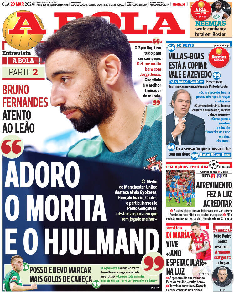 A Bola: Capa da Edi&ccedil;&atilde;o de quarta-feira, 20 de mar&ccedil;o 2024