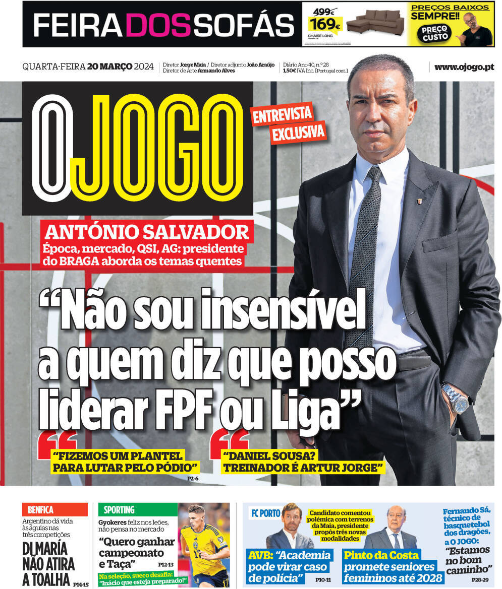 O Jogo: Capa da Edi&ccedil;&atilde;o de quarta-feira, 20 de mar&ccedil;o 2024