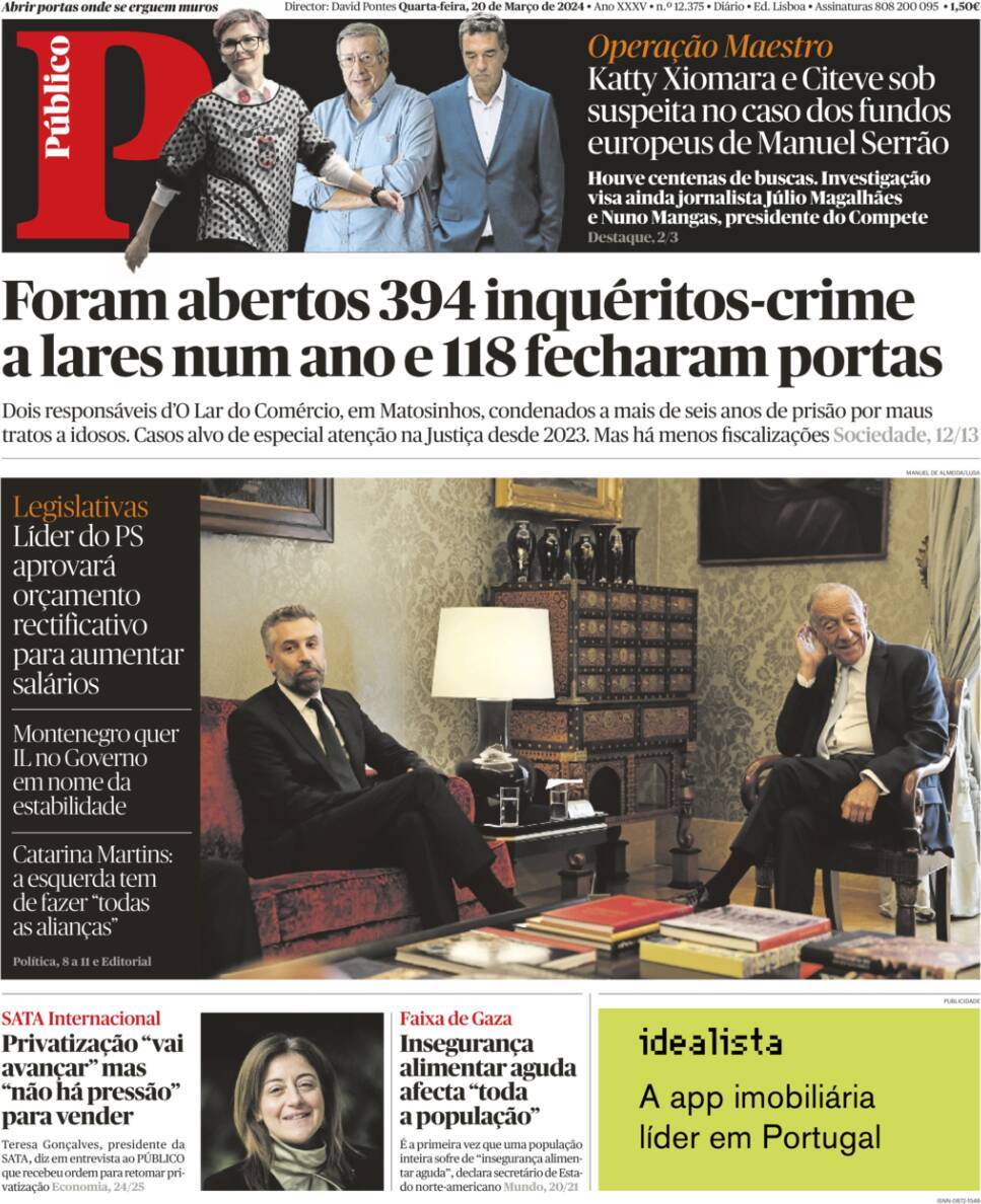 P&uacute;blico: Capa da Edi&ccedil;&atilde;o de quarta-feira, 20 de mar&ccedil;o 2024