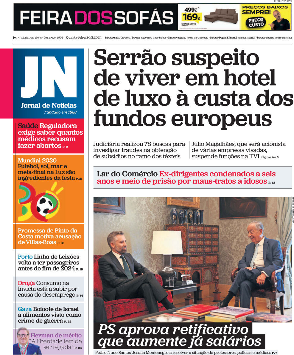 Jornal de Not&iacute;cias: Capa da Edi&ccedil;&atilde;o de quarta-feira, 20 de mar&ccedil;o 2024