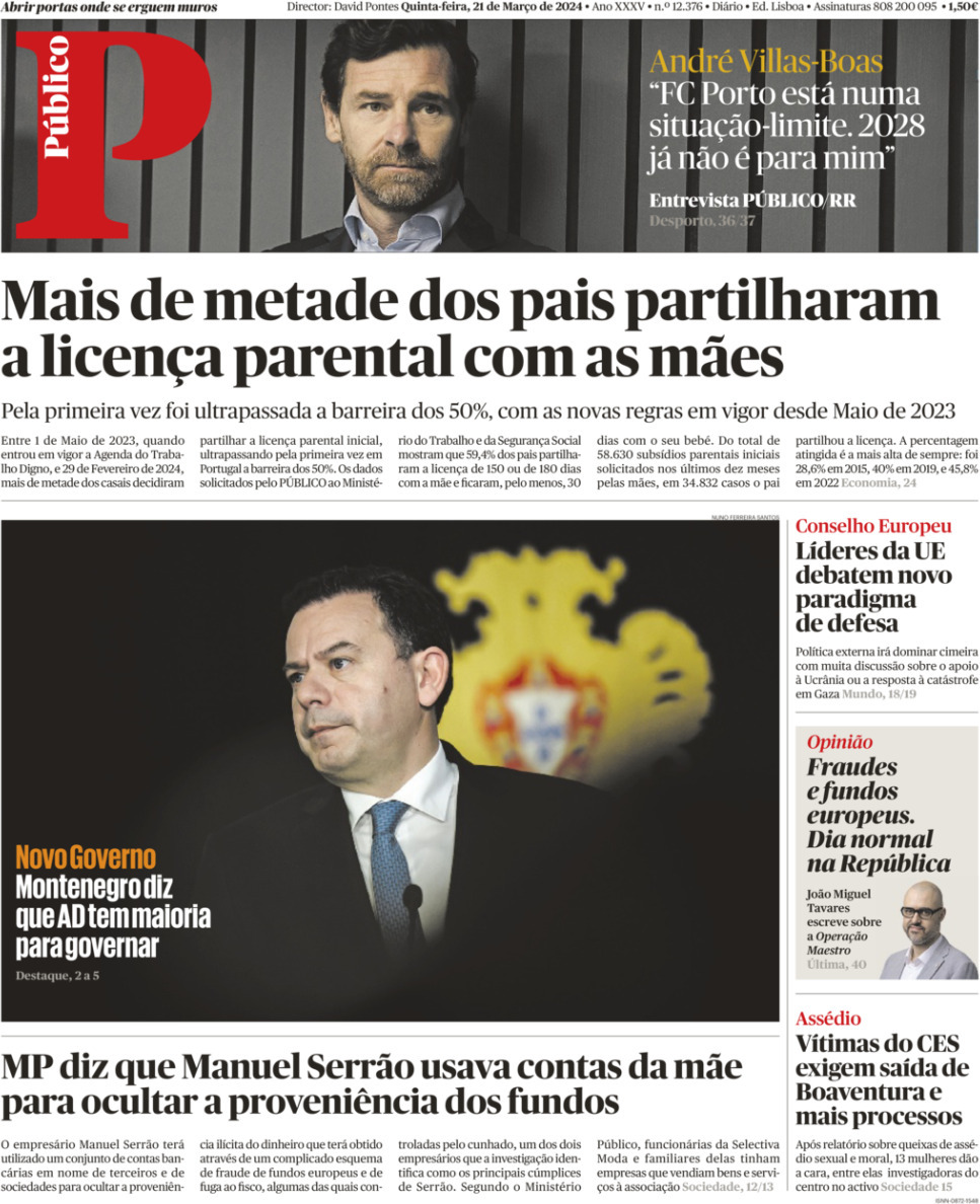 P&uacute;blico: Capa da Edi&ccedil;&atilde;o de quinta-feira, 21 de mar&ccedil;o 2024
