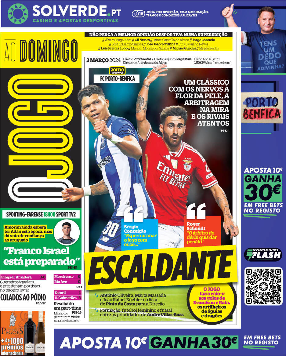 O Jogo: Capa da Edi&ccedil;&atilde;o de domingo, 03 de mar&ccedil;o 2024