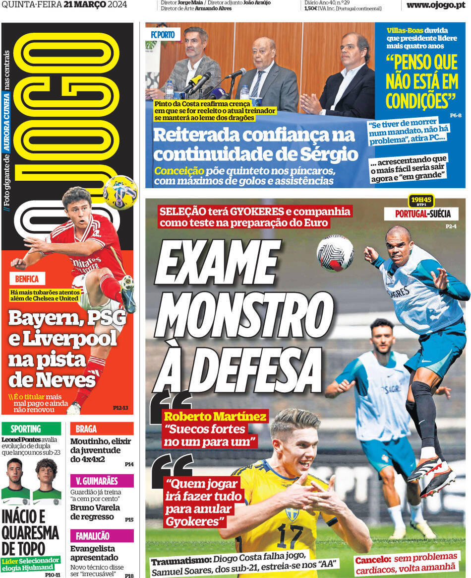 O Jogo: Capa da Edi&ccedil;&atilde;o de quinta-feira, 21 de mar&ccedil;o 2024