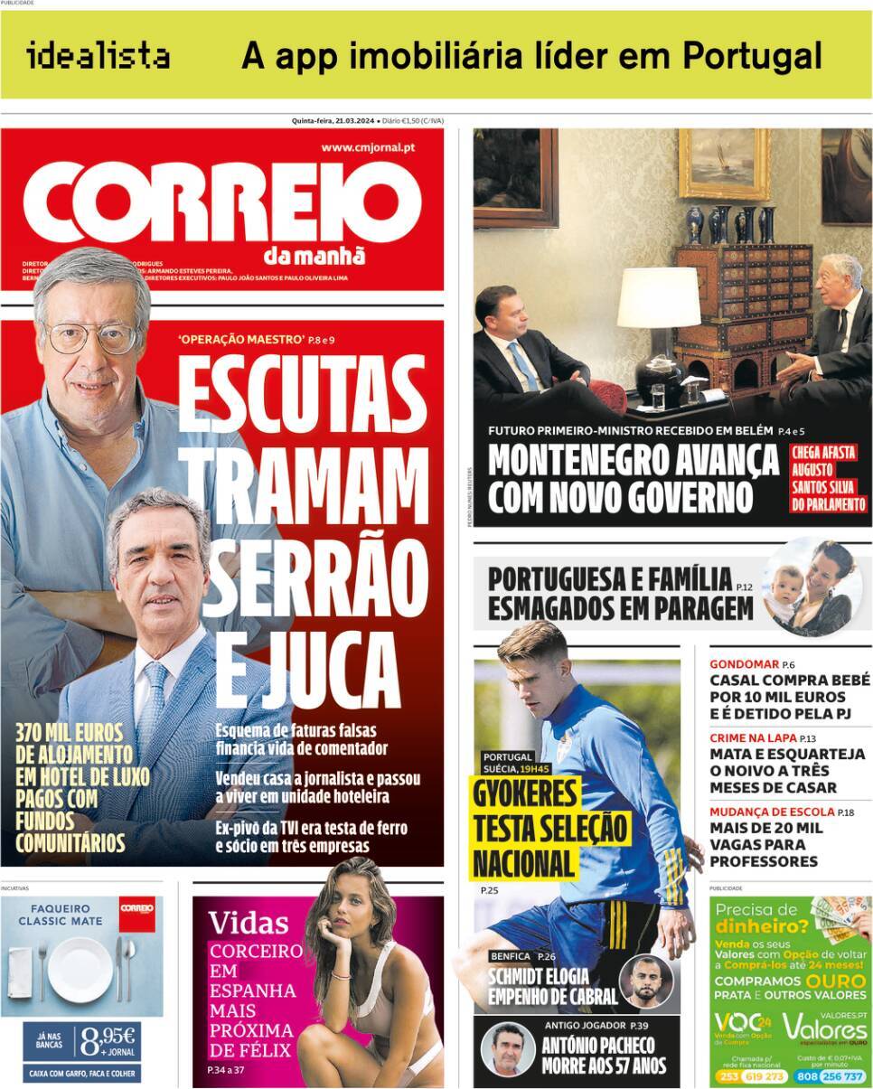 A Bola: Capa da Edi&ccedil;&atilde;o de quinta-feira, 21 de mar&ccedil;o 2024