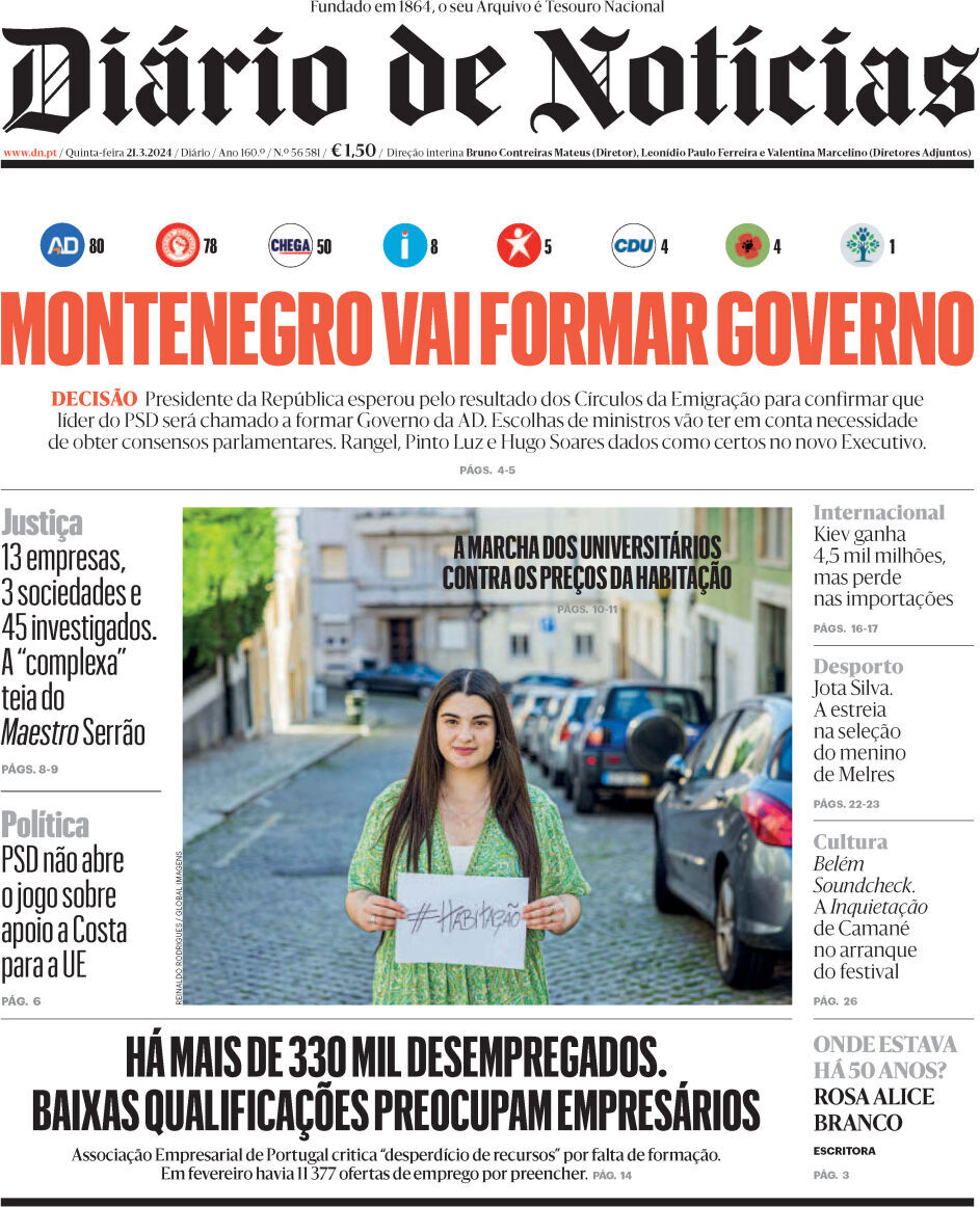 Di&aacute;rio de Not&iacute;cias: Capa da Edi&ccedil;&atilde;o de quinta-feira, 21 de mar&ccedil;o 2024
