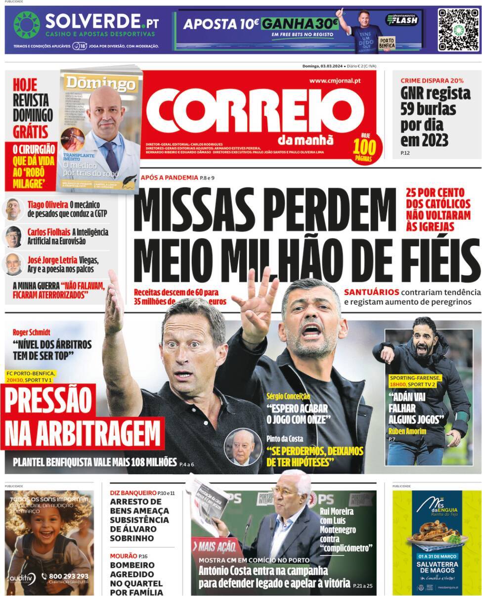 Correio da Manh&atilde;: Capa da Edi&ccedil;&atilde;o de domingo, 03 de mar&ccedil;o 2024