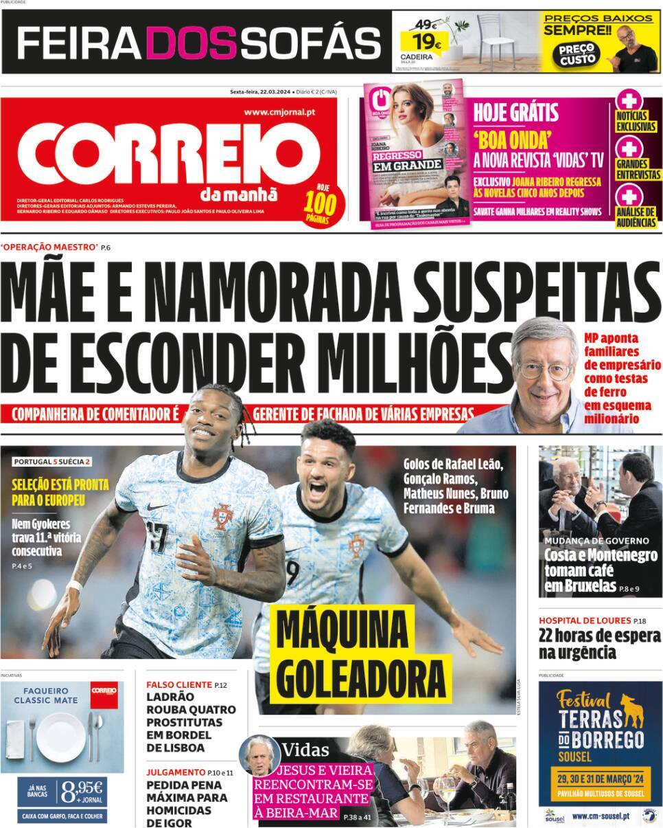 Correio da Manh&atilde;: Capa da Edi&ccedil;&atilde;o de sexta-feira, 22 de mar&ccedil;o 2024