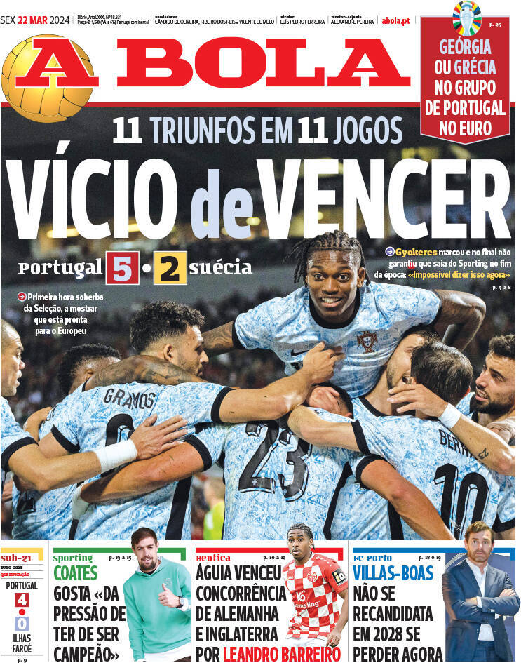 A Bola: Capa da Edi&ccedil;&atilde;o de sexta-feira, 22 de mar&ccedil;o 2024