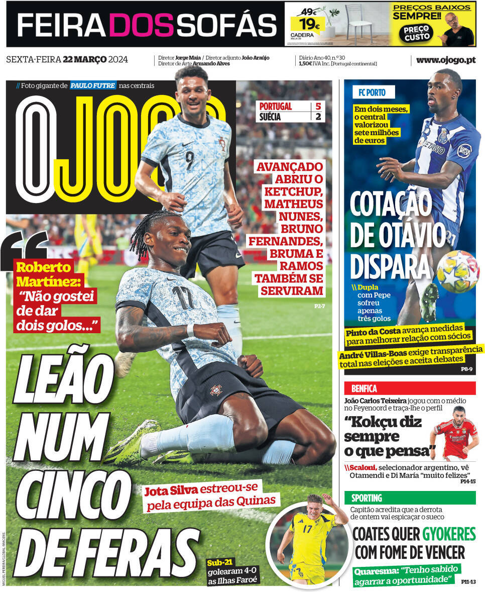 O Jogo: Capa da Edi&ccedil;&atilde;o de sexta-feira, 22 de mar&ccedil;o 2024