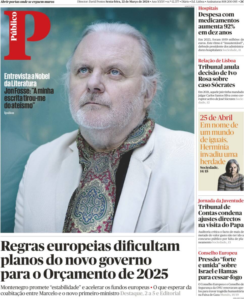 P&uacute;blico: Capa da Edi&ccedil;&atilde;o de sexta-feira, 22 de mar&ccedil;o 2024