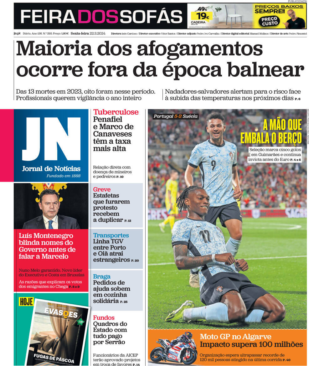 Jornal de Not&iacute;cias: Capa da Edi&ccedil;&atilde;o de sexta-feira, 22 de mar&ccedil;o 2024