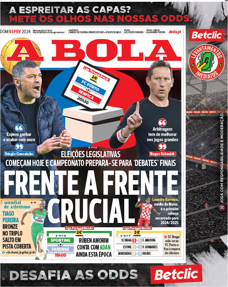 A Bola: Capa da Edi&ccedil;&atilde;o de domingo, 03 de mar&ccedil;o 2024