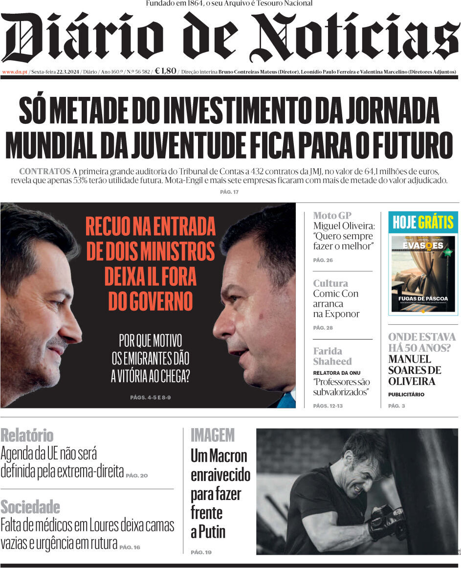 Di&aacute;rio de Not&iacute;cias: Capa da Edi&ccedil;&atilde;o de sexta-feira, 22 de mar&ccedil;o 2024