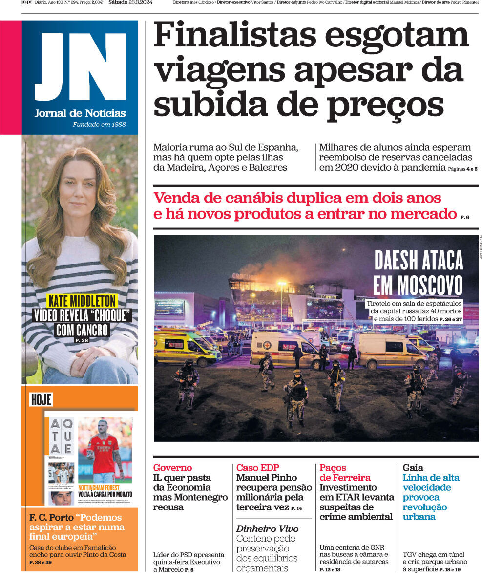 Jornal de Not&iacute;cias: Capa da Edi&ccedil;&atilde;o de s&aacute;bado, 23 de mar&ccedil;o 2024