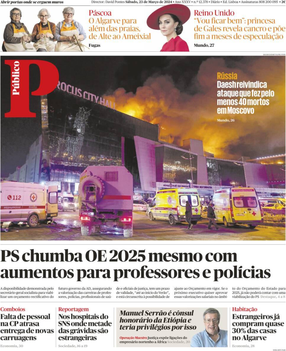 P&uacute;blico: Capa da Edi&ccedil;&atilde;o de s&aacute;bado, 23 de mar&ccedil;o 2024