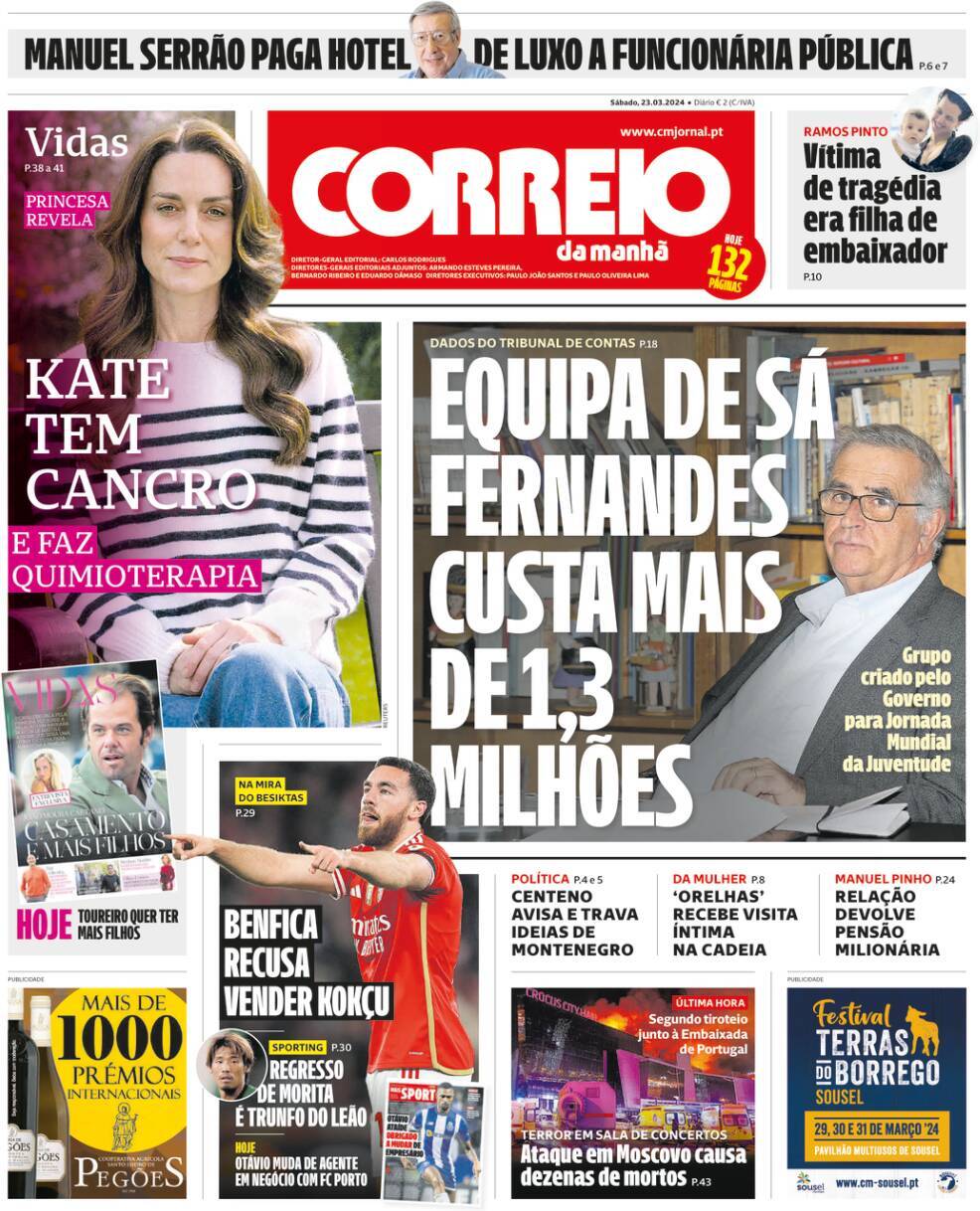 Correio da Manh&atilde;: Capa da Edi&ccedil;&atilde;o de s&aacute;bado, 23 de mar&ccedil;o 2024
