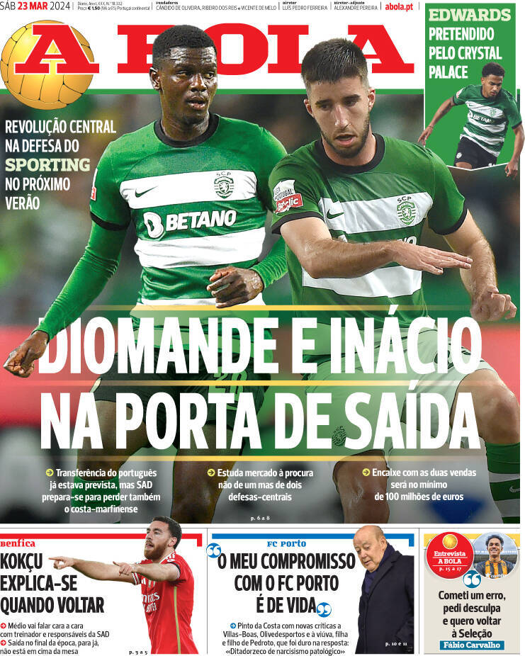 A Bola: Capa da Edi&ccedil;&atilde;o de s&aacute;bado, 23 de mar&ccedil;o 2024