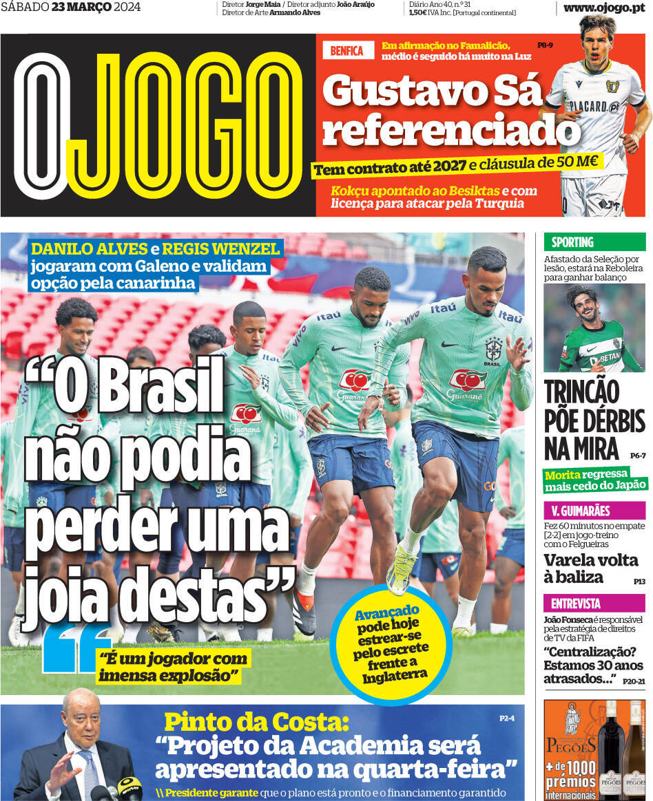 O Jogo: Capa da Edi&ccedil;&atilde;o de s&aacute;bado, 23 de mar&ccedil;o 2024