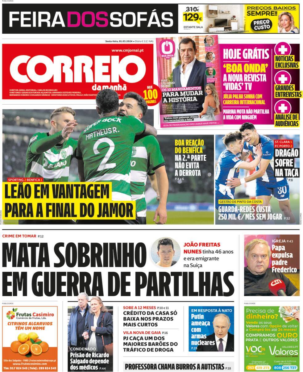 Correio da Manh&atilde;: Capa da Edi&ccedil;&atilde;o de sexta-feira, 01 de mar&ccedil;o 2024
