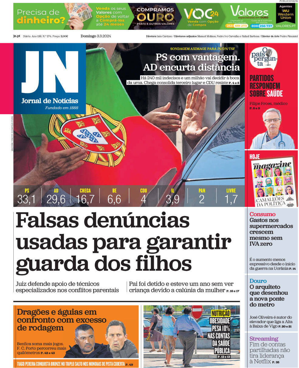 Jornal de Not&iacute;cias: Capa da Edi&ccedil;&atilde;o de domingo, 03 de mar&ccedil;o 2024