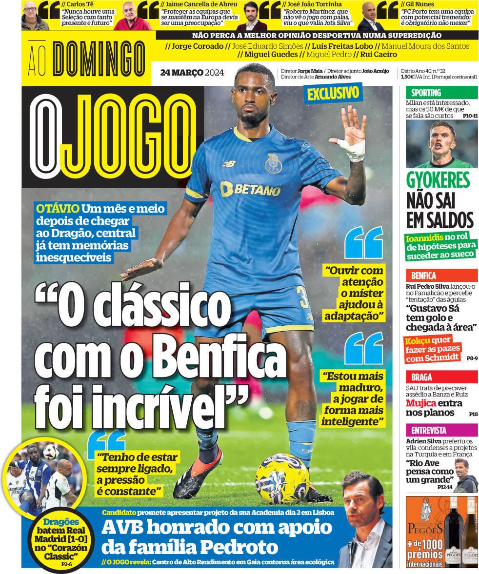 O Jogo: Capa da Edi&ccedil;&atilde;o de domingo, 24 de mar&ccedil;o 2024