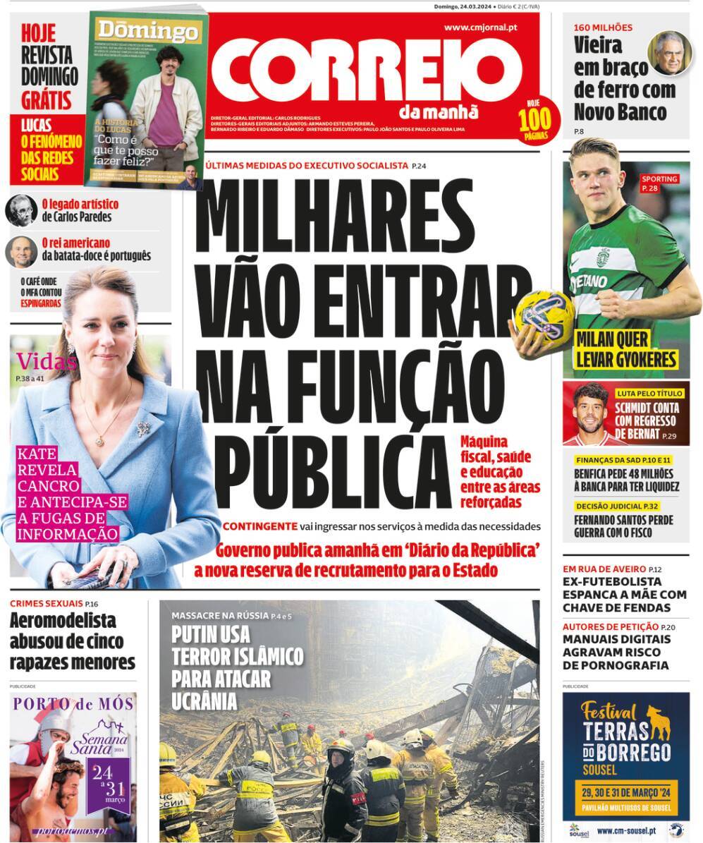 Correio da Manh&atilde;: Capa da Edi&ccedil;&atilde;o de domingo, 24 de mar&ccedil;o 2024