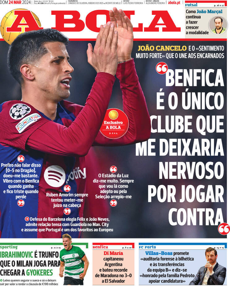 A Bola: Capa da Edi&ccedil;&atilde;o de domingo, 24 de mar&ccedil;o 2024