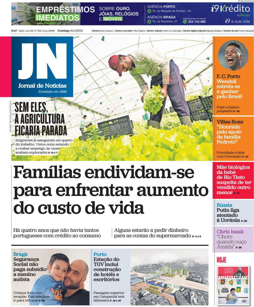 Jornal de Not&iacute;cias: Capa da Edi&ccedil;&atilde;o de domingo, 24 de mar&ccedil;o 2024