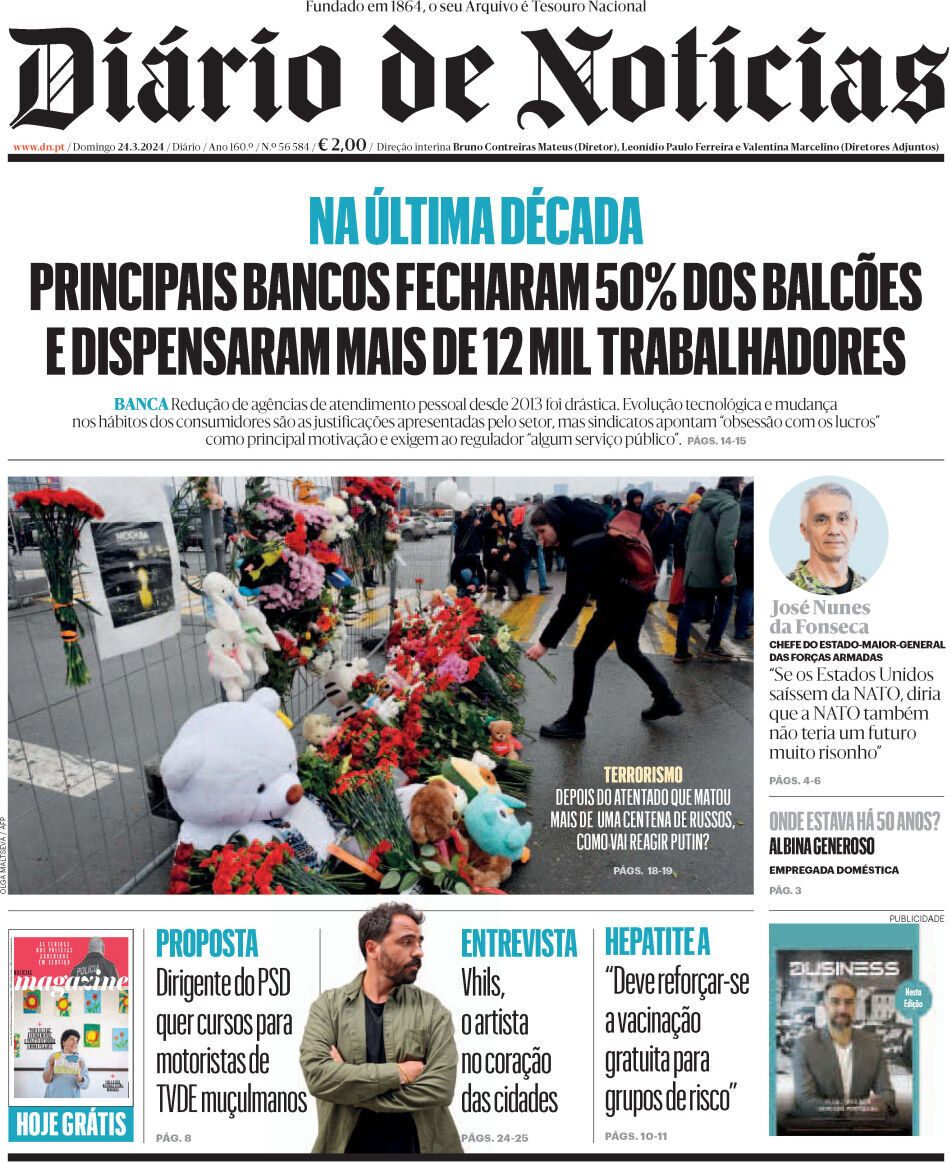 Di&aacute;rio de Not&iacute;cias: Capa da Edi&ccedil;&atilde;o de domingo, 24 de mar&ccedil;o 2024