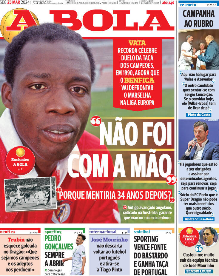 A Bola: Capa da Edi&ccedil;&atilde;o de segunda-feira, 25 de mar&ccedil;o 2024