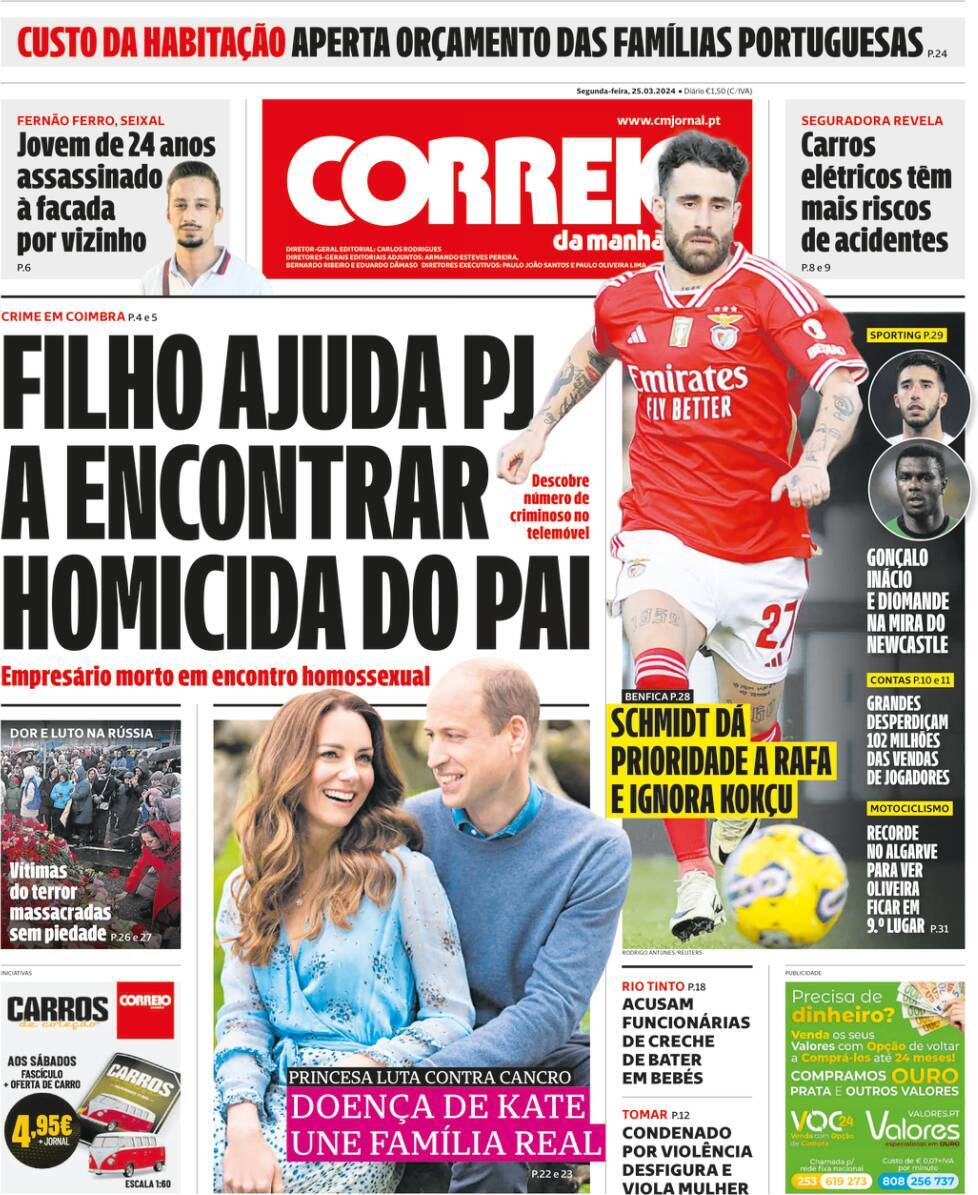 Correio da Manh&atilde;: Capa da Edi&ccedil;&atilde;o de segunda-feira, 25 de mar&ccedil;o 2024