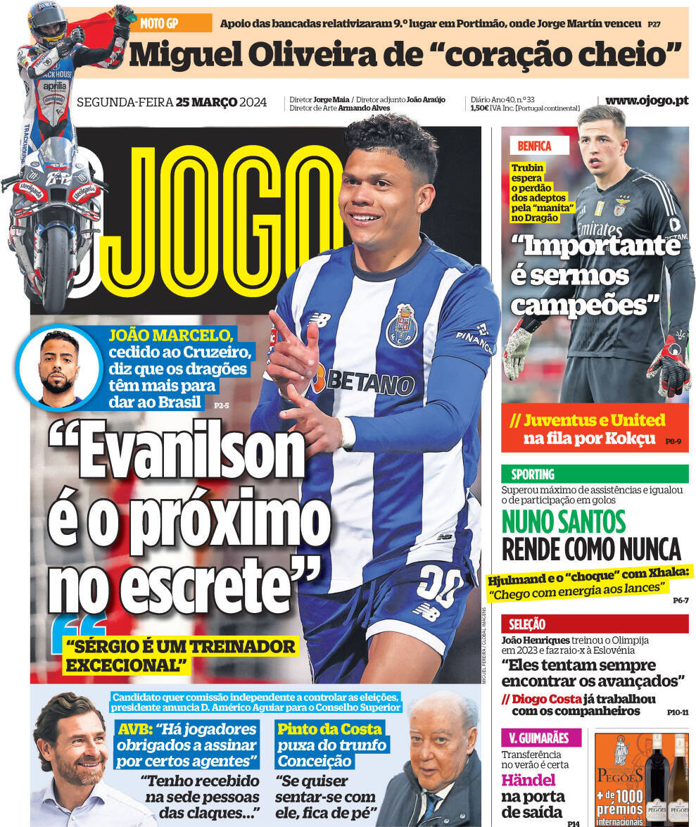 O Jogo: Capa da Edi&ccedil;&atilde;o de segunda-feira, 25 de mar&ccedil;o 2024