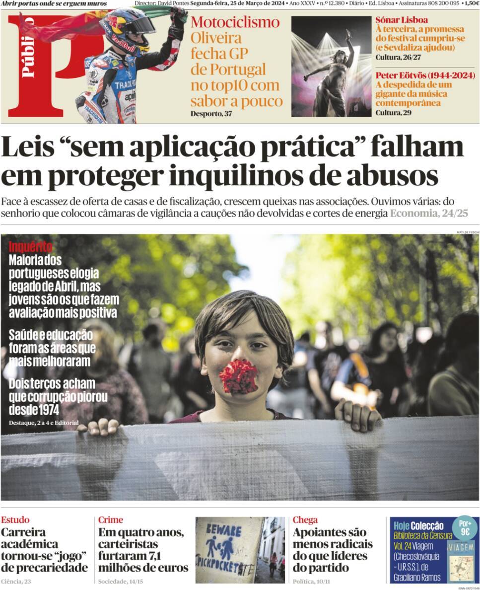 P&uacute;blico: Capa da Edi&ccedil;&atilde;o de segunda-feira, 25 de mar&ccedil;o 2024