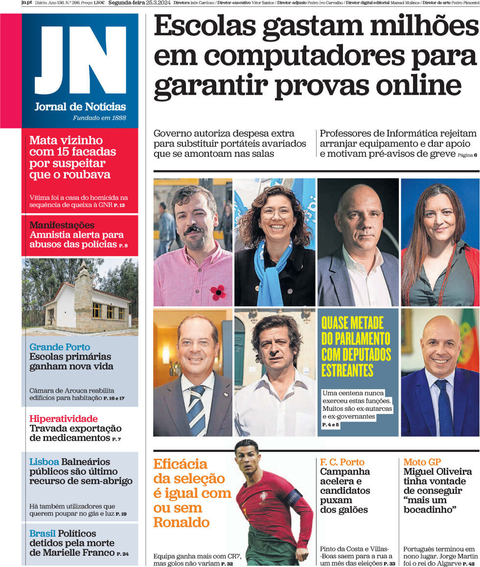 Jornal de Not&iacute;cias: Capa da Edi&ccedil;&atilde;o de segunda-feira, 25 de mar&ccedil;o 2024