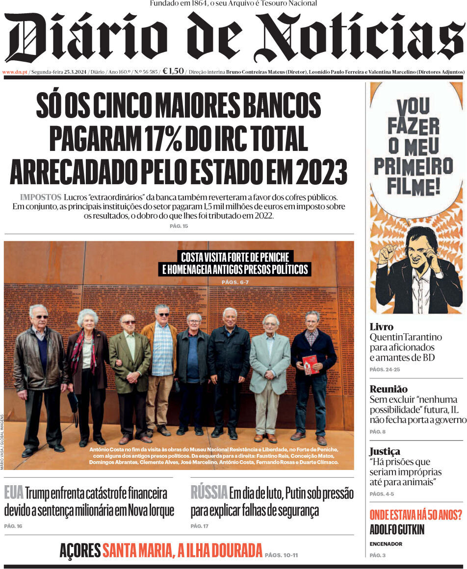 Di&aacute;rio de Not&iacute;cias: Capa da Edi&ccedil;&atilde;o de segunda-feira, 25 de mar&ccedil;o 2024