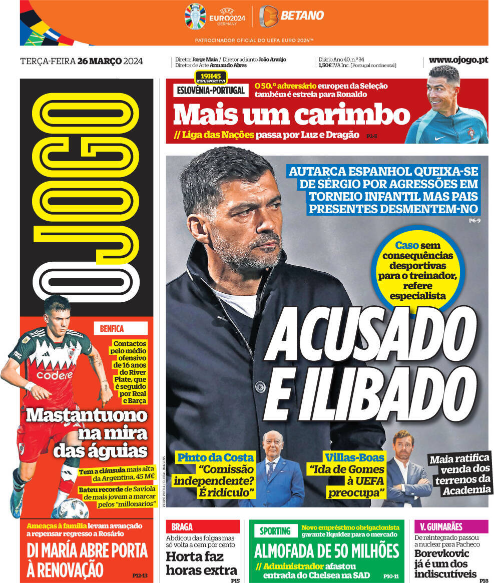 O Jogo: Capa da Edi&ccedil;&atilde;o de ter&ccedil;a-feira, 26 de mar&ccedil;o 2024