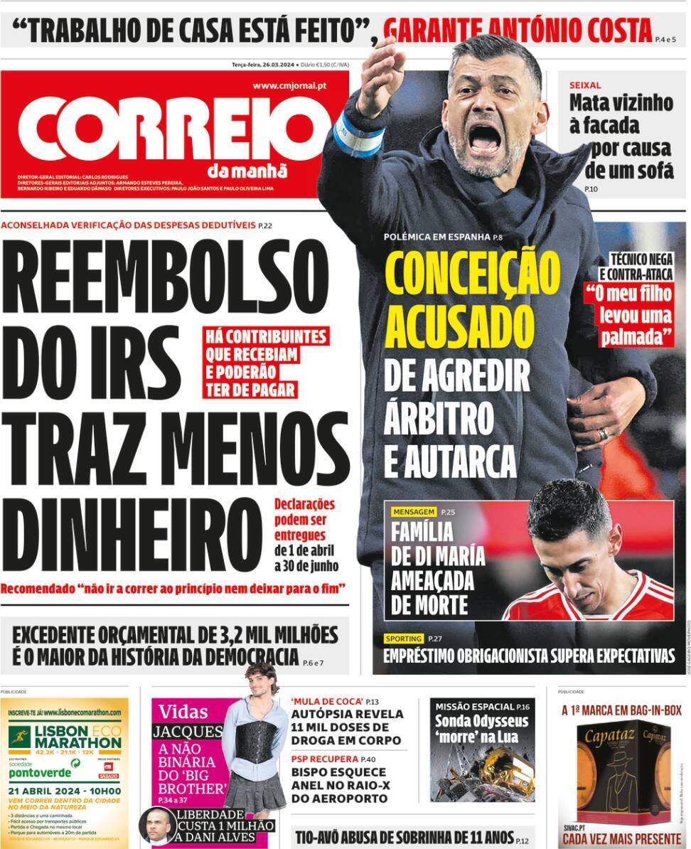 Correio da Manh&atilde;: Capa da Edi&ccedil;&atilde;o de ter&ccedil;a-feira, 26 de mar&ccedil;o 2024