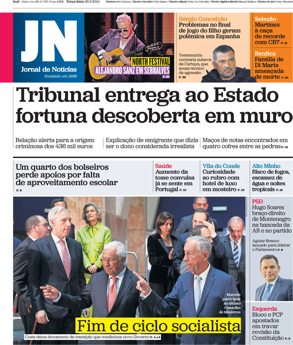 Jornal de Not&iacute;cias: Capa da Edi&ccedil;&atilde;o de ter&ccedil;a-feira, 26 de mar&ccedil;o 2024