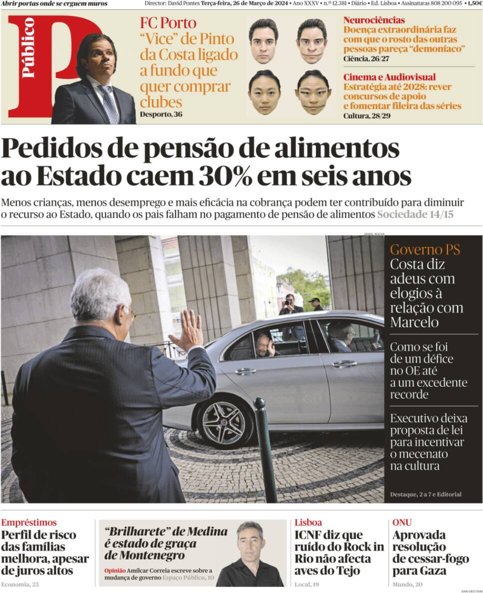 P&uacute;blico: Capa da Edi&ccedil;&atilde;o de ter&ccedil;a-feira, 26 de mar&ccedil;o 2024