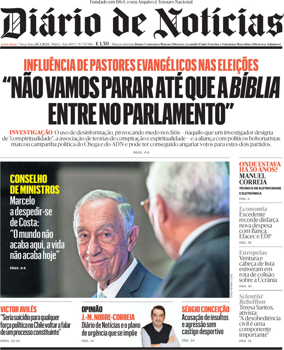 Di&aacute;rio de Not&iacute;cias: Capa da Edi&ccedil;&atilde;o de ter&ccedil;a-feira, 26 de mar&ccedil;o 2024