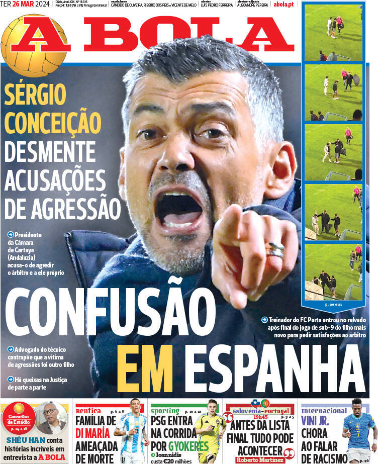 A Bola: Capa da Edi&ccedil;&atilde;o de ter&ccedil;a-feira, 26 de mar&ccedil;o 2024