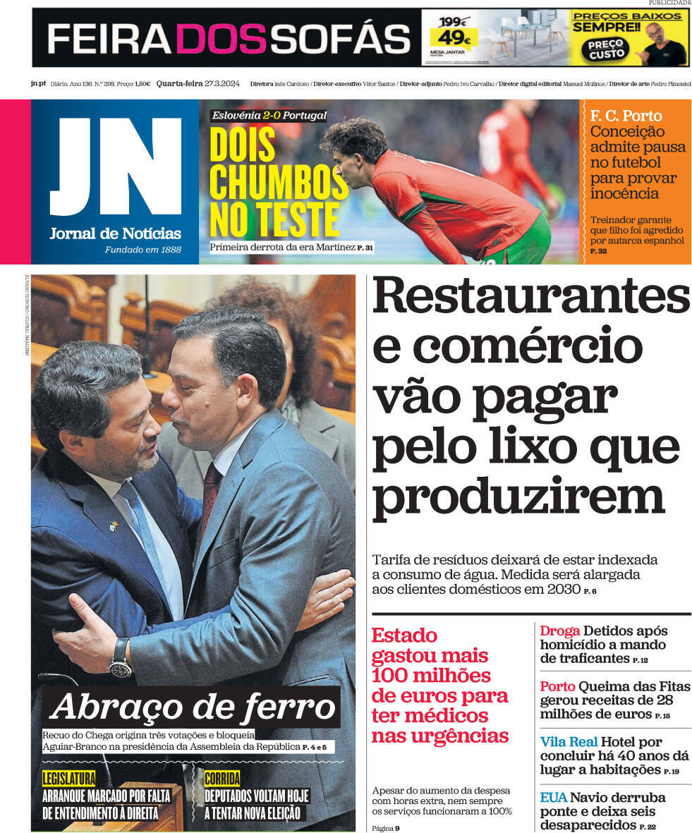 Jornal de Not&iacute;cias: Capa da Edi&ccedil;&atilde;o de quarta-feira, 27 de mar&ccedil;o 2024